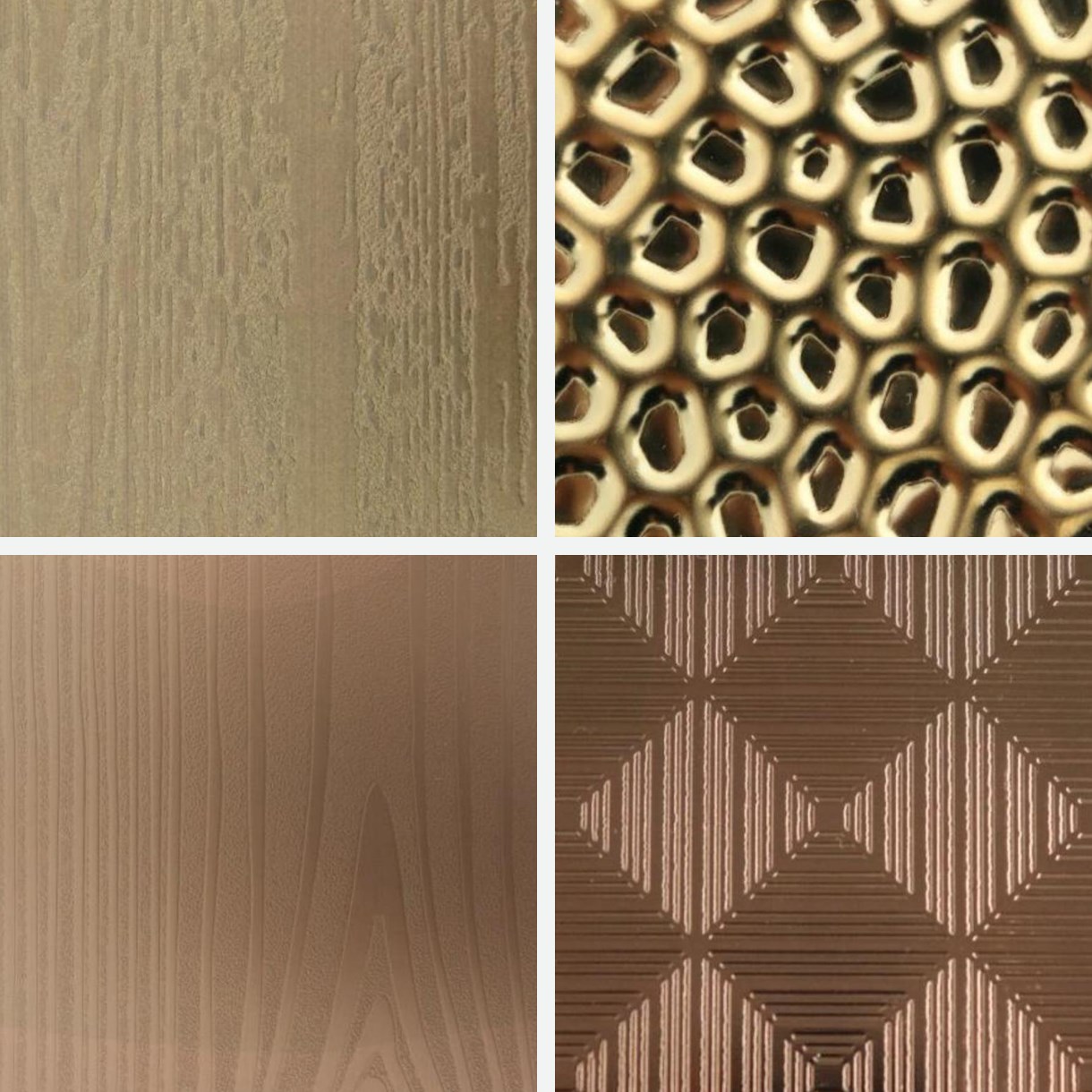 Four colored embossed stainless steel samples