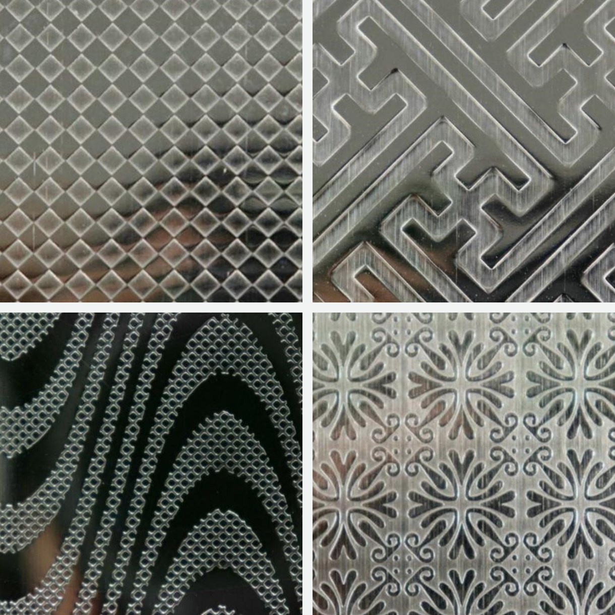 Four embossed stainless steel pattern samples