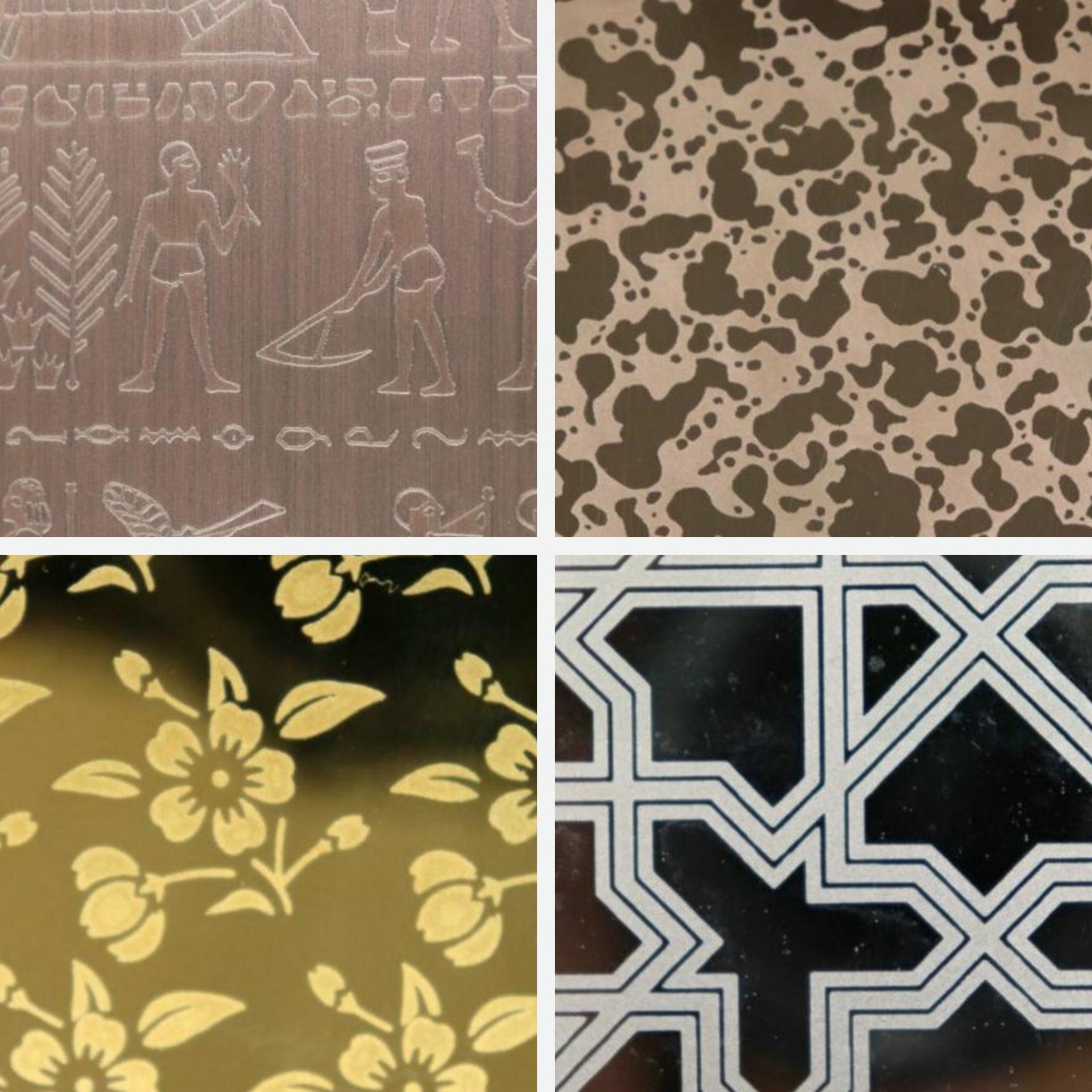 Four etched stainless steel pattern samples