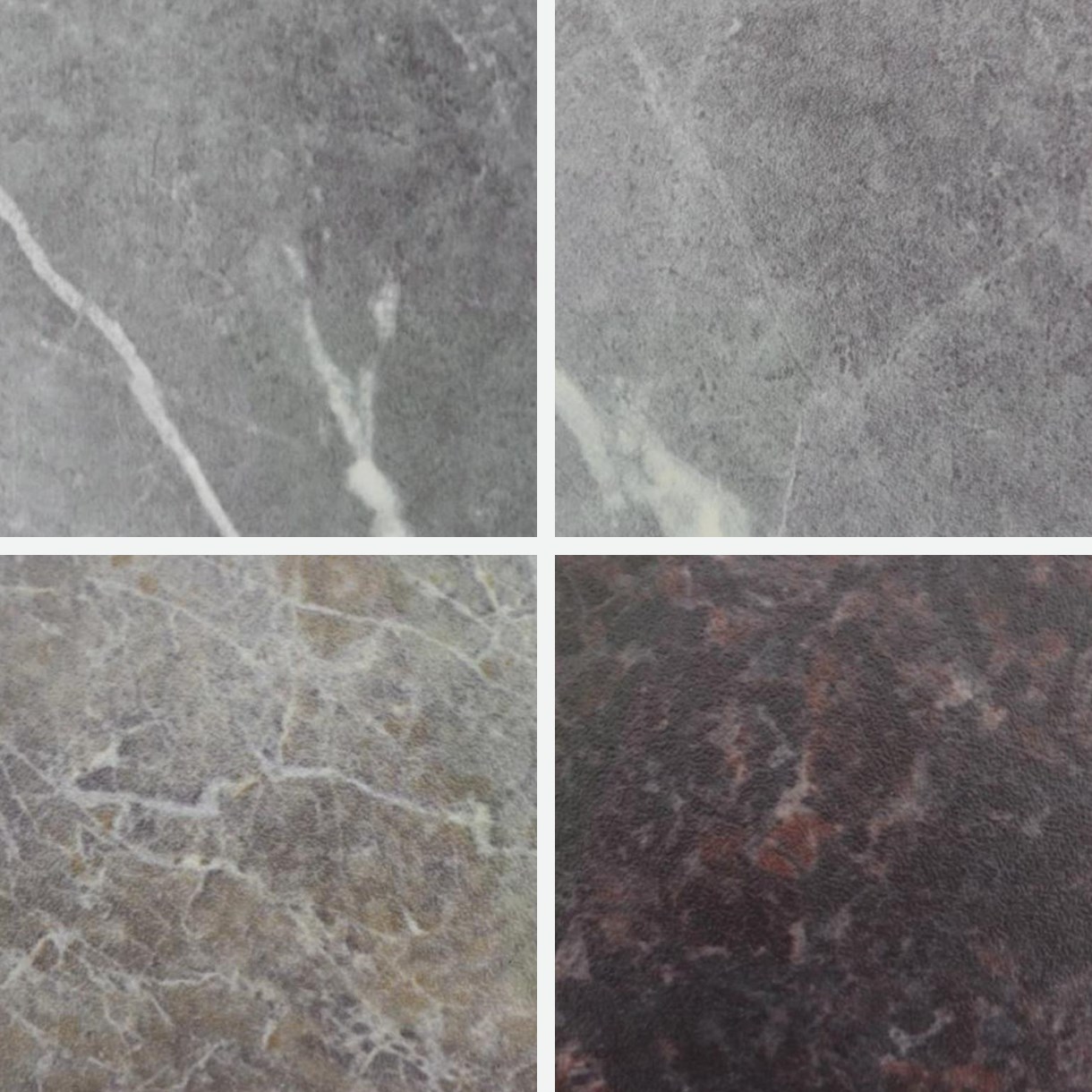 Four stone and textile effect laminated stainless steel samples