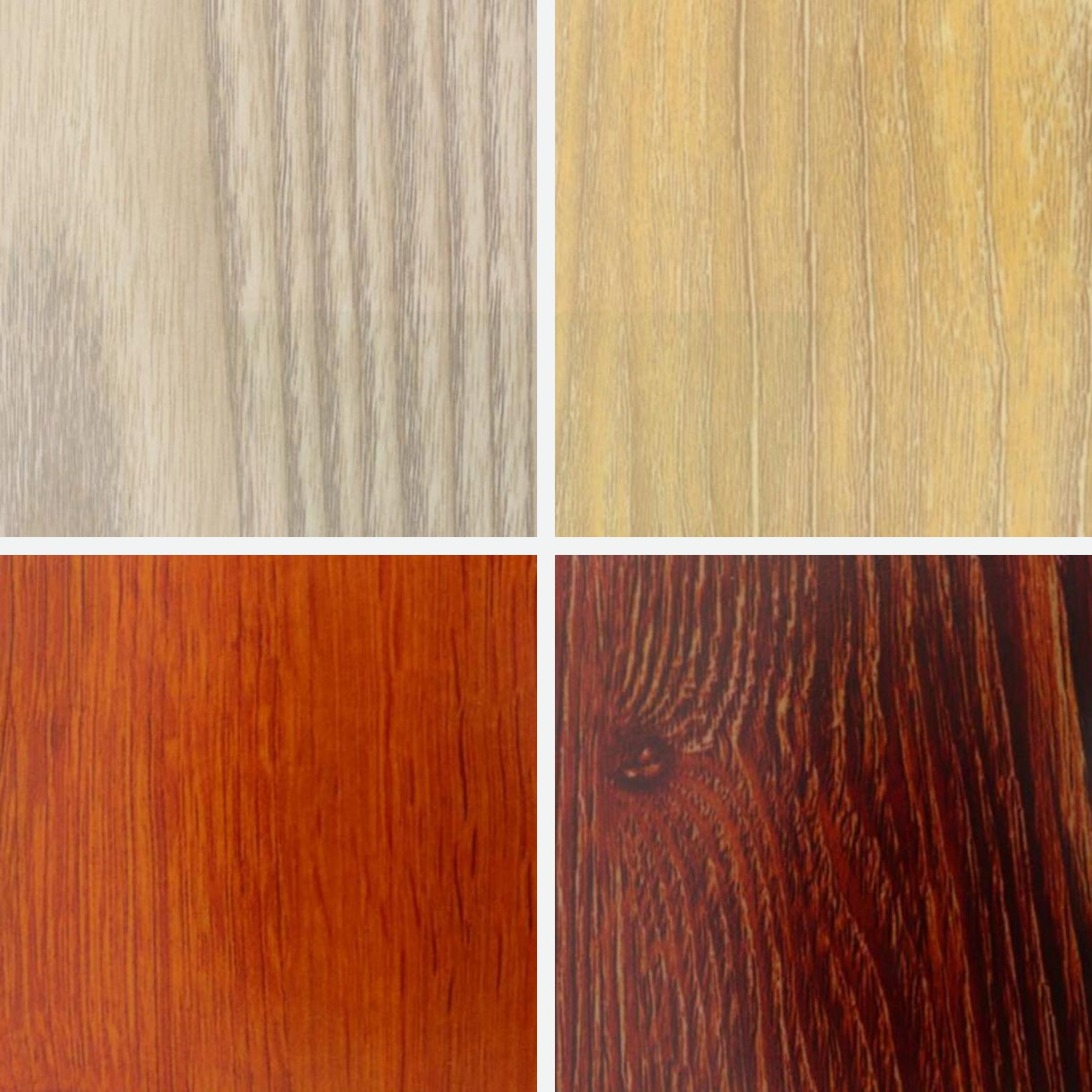 Four woodgrain laminated stainless steel samples